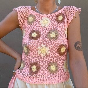 Vintage 70s Pink Crochet Floral Tank Top